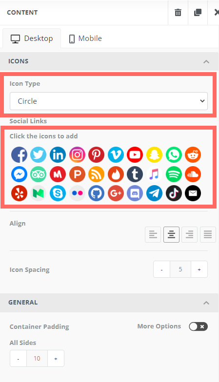 Opciones del bloque de redes sociales con el tipo de icono y los iconos disponibles resaltados