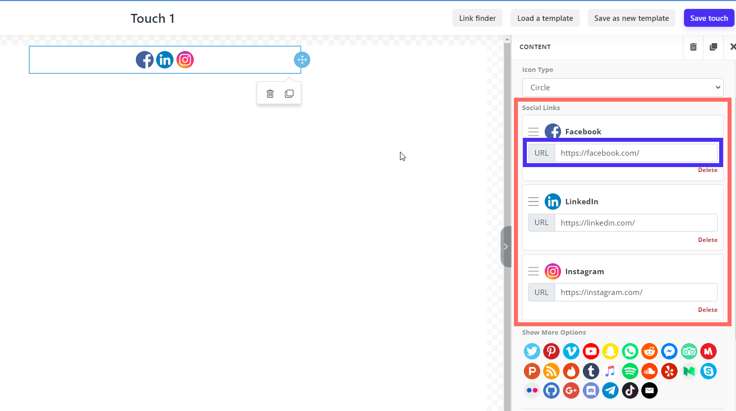 Bloque de redes sociales con los enlaces de Facebook, LinkedIn e Instagram en el panel de contenido