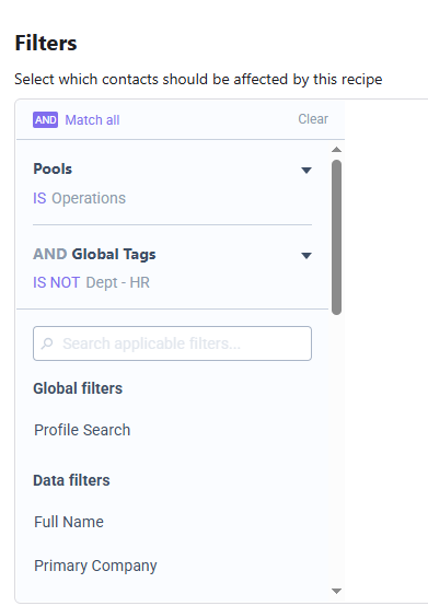 Panel de filtros con la lógica AND entre un filtro de Pools y un filtro de etiquetas globales