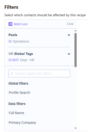 Panel de filtros con la lógica OR entre un filtro de Pools y un filtro de etiquetas globales