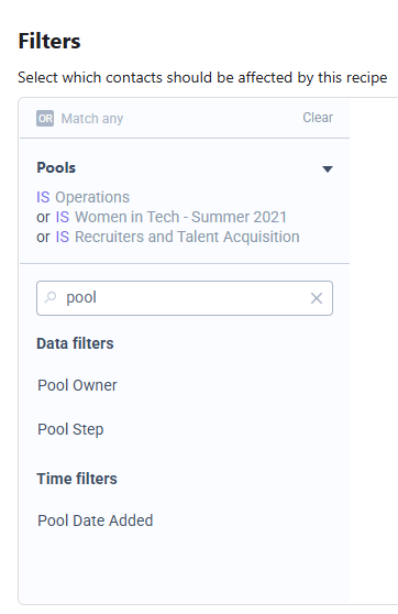 Filtro de Pools con tres Pools seleccionados y búsqueda de filtros relacionados con Pools