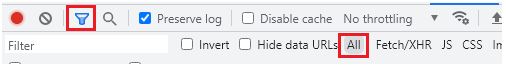 Icône Filter et option All sélectionnée dans l’onglet Network