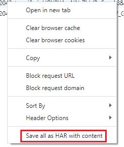 Menu contextuel de l’onglet Network : Save all as HAR with content