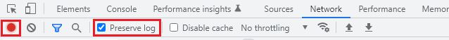 Onglet Network des outils de développement Chrome : bouton Record et case Preserve log