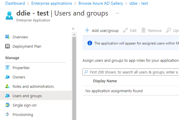 Página Users and groups de la aplicación empresarial en Azure con la opción Add user/group