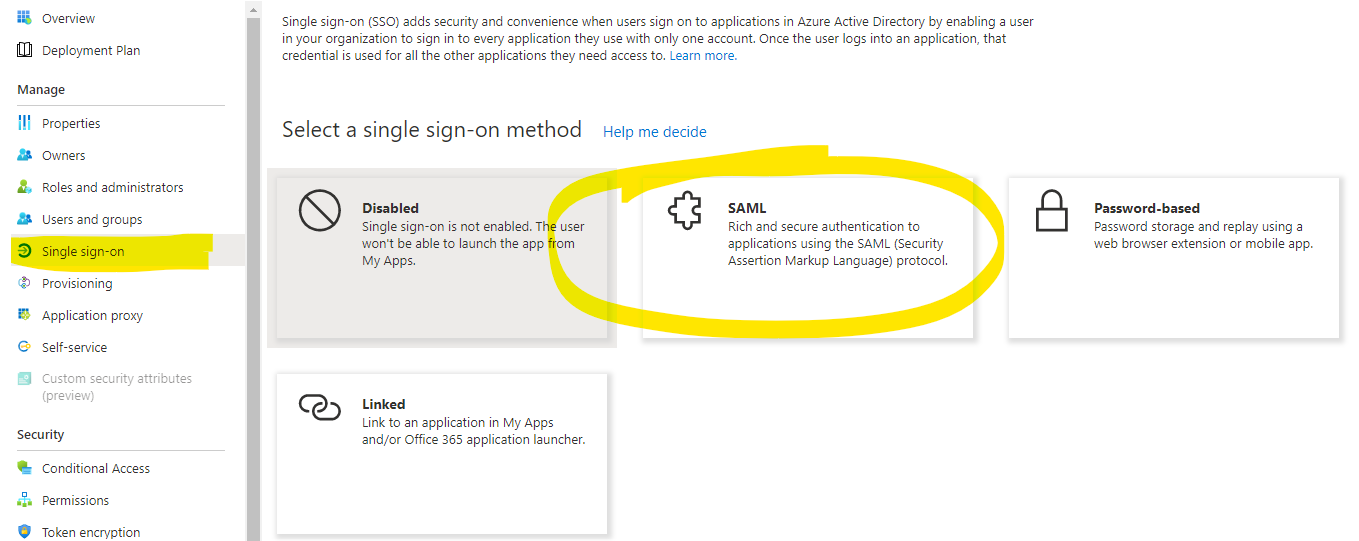 Página Single sign-on de Azure con el método SAML resaltado