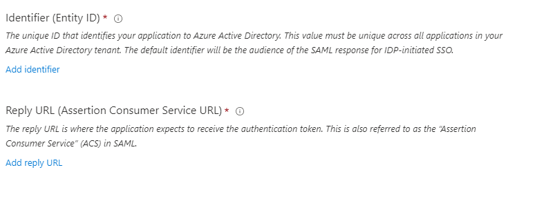 Campos Identifier (Entity ID) y Reply URL (Assertion Consumer Service URL) con los enlaces para añadirlos