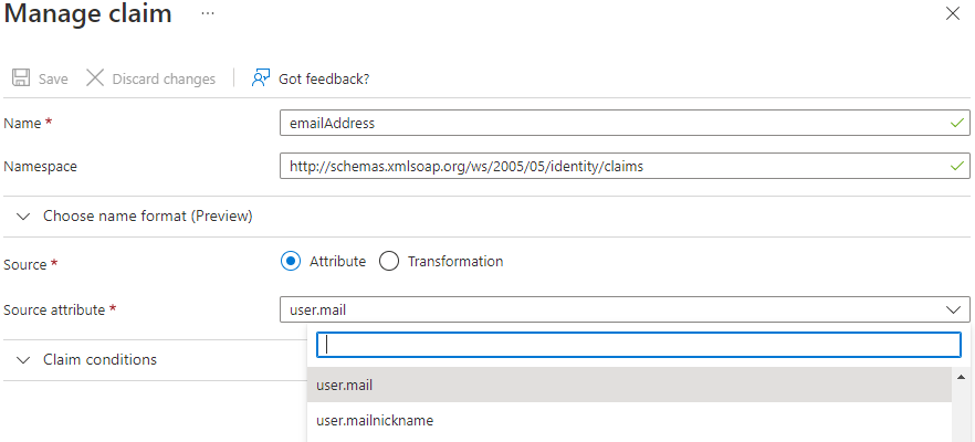 Panel Manage claim de Azure con el nombre emailAddress y el atributo de origen user.mail
