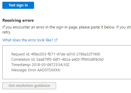 Panel Test sign in de Azure con la sección Resolving errors