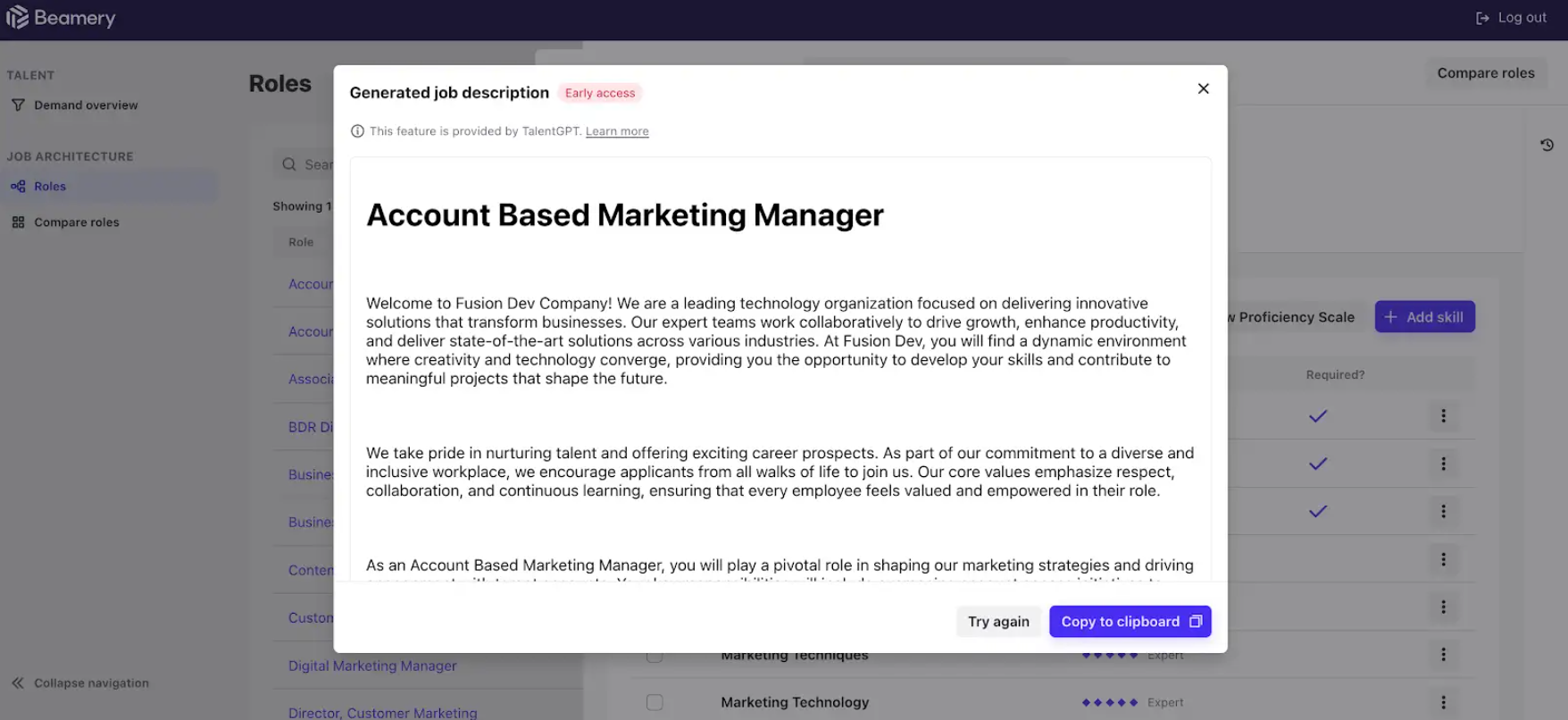 Fenêtre Generated job description avec les boutons Try again et Copy to clipboard