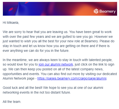 Exemple d’e-mail de campagne invitant un employé sur le départ à rejoindre le réseau des anciens employés