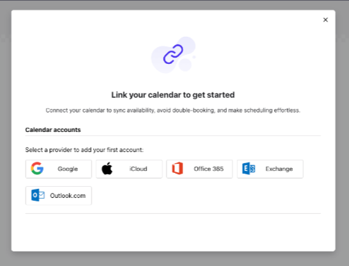 Fenêtre invitant à lier un calendrier, avec les fournisseurs Google, iCloud, Office 365, Exchange et Outlook.com