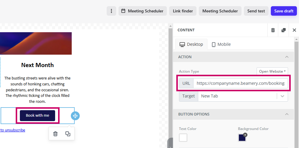 Éditeur de contenu d’un bouton dans l’e-mail, avec l’URL du Meeting Scheduler collée dans le champ URL