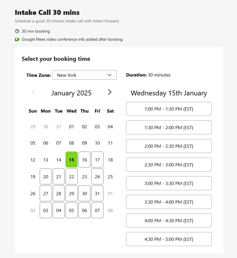 Page de réservation vue par le candidat, avec le calendrier et les créneaux disponibles