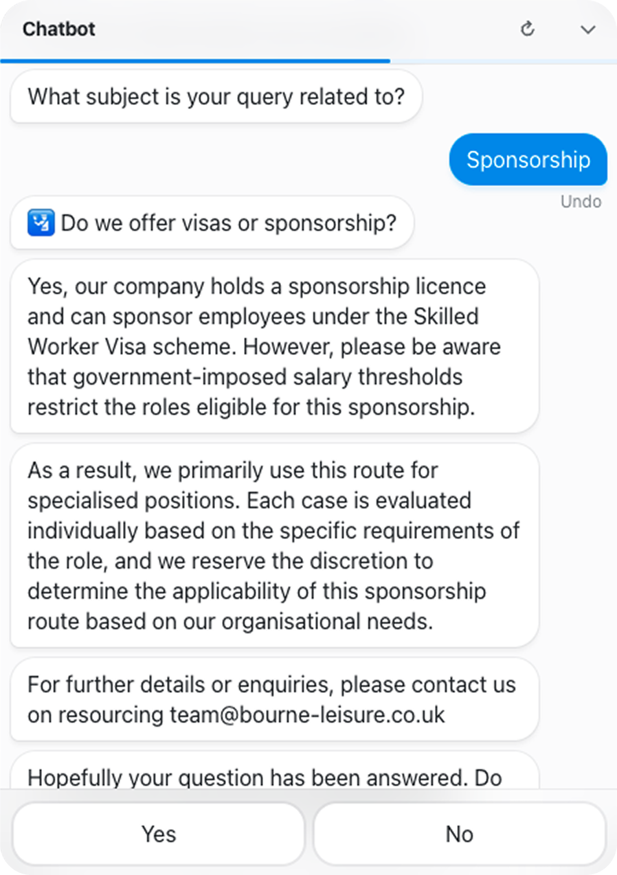 Exemple de conversation avec le Chat Bot d’un Careers Site répondant à une question sur le parrainage de visa