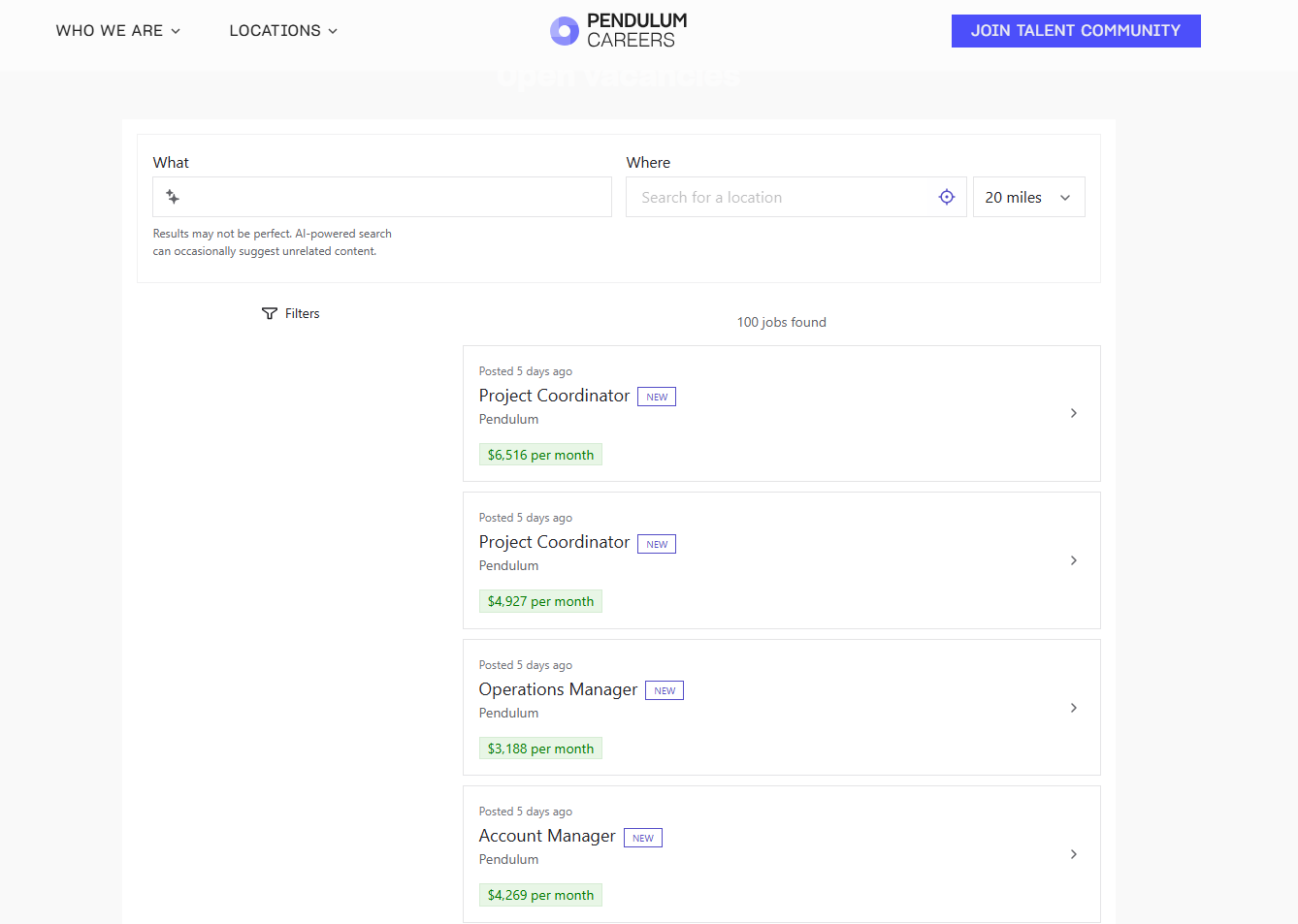 Page de recherche d’offres d’emploi d’un Careers Site, avec les champs What et Where et la liste des postes