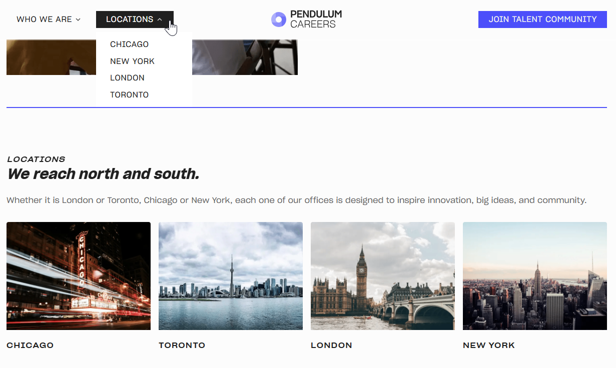 Page Locations d’un Careers Site, avec le menu des bureaux et des photos de chaque ville