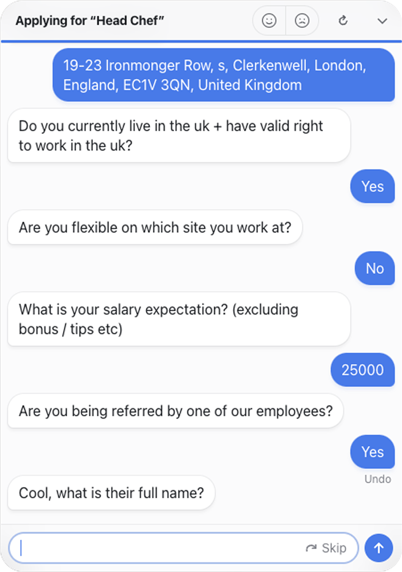 Exemple d’Application Flow guidant un candidat avec des questions de présélection