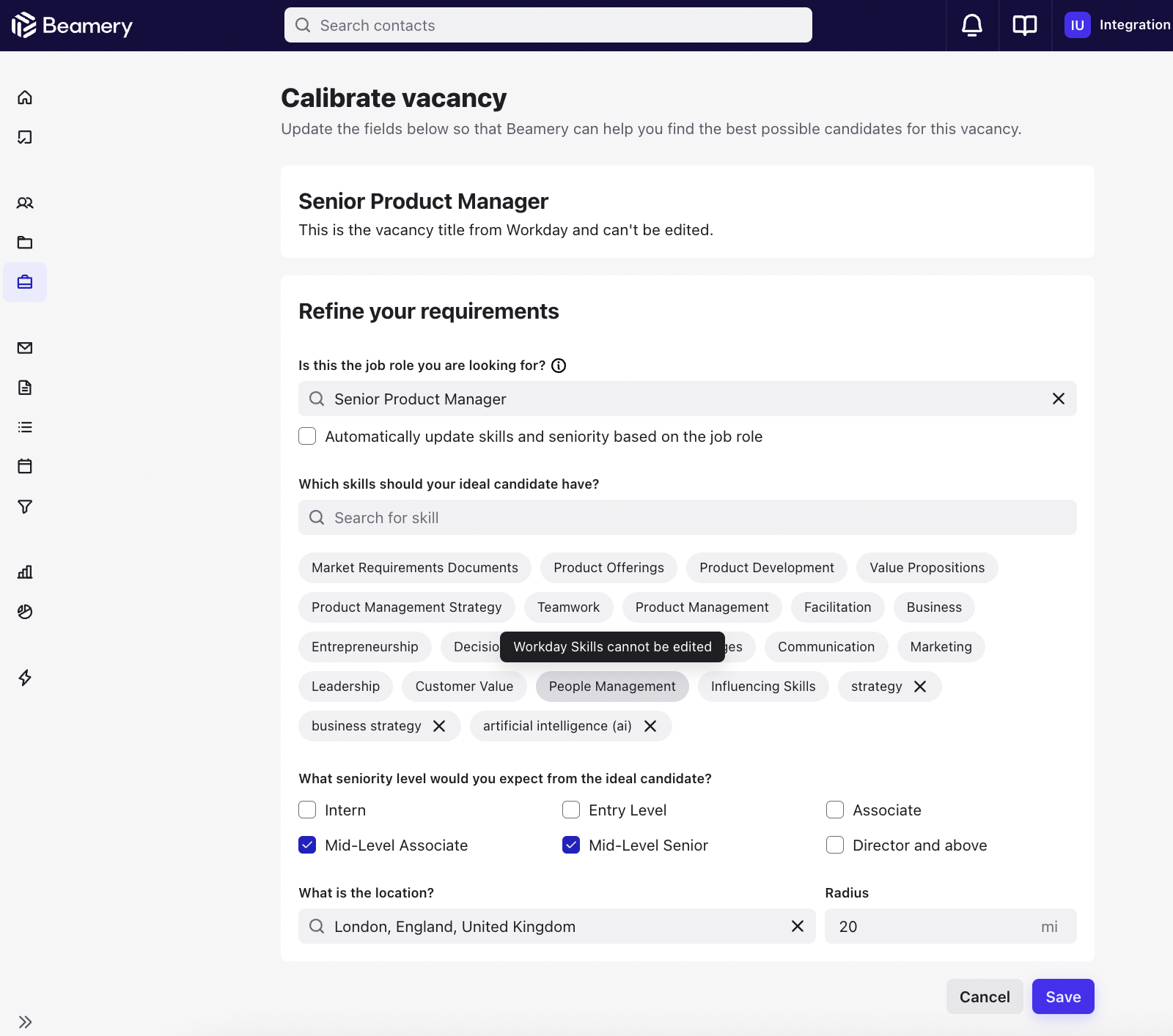 Page de calibrage d’un poste vacant importé de Workday : les compétences Workday ne peuvent pas être modifiées