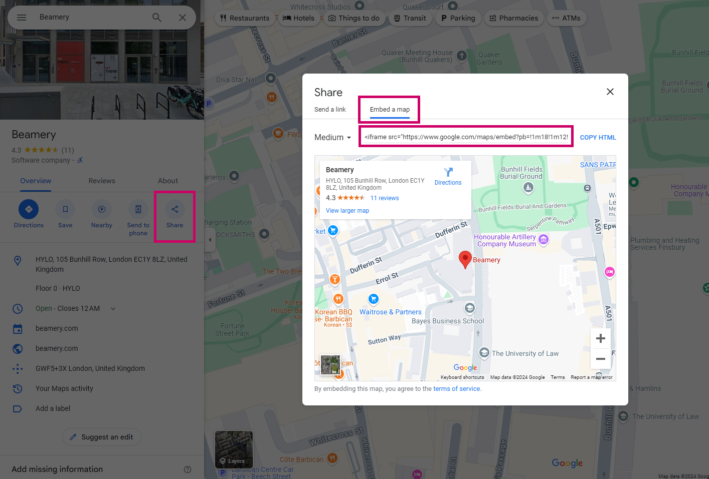 Google Maps avec la fenêtre de partage et l’option Intégrer une carte encadrée