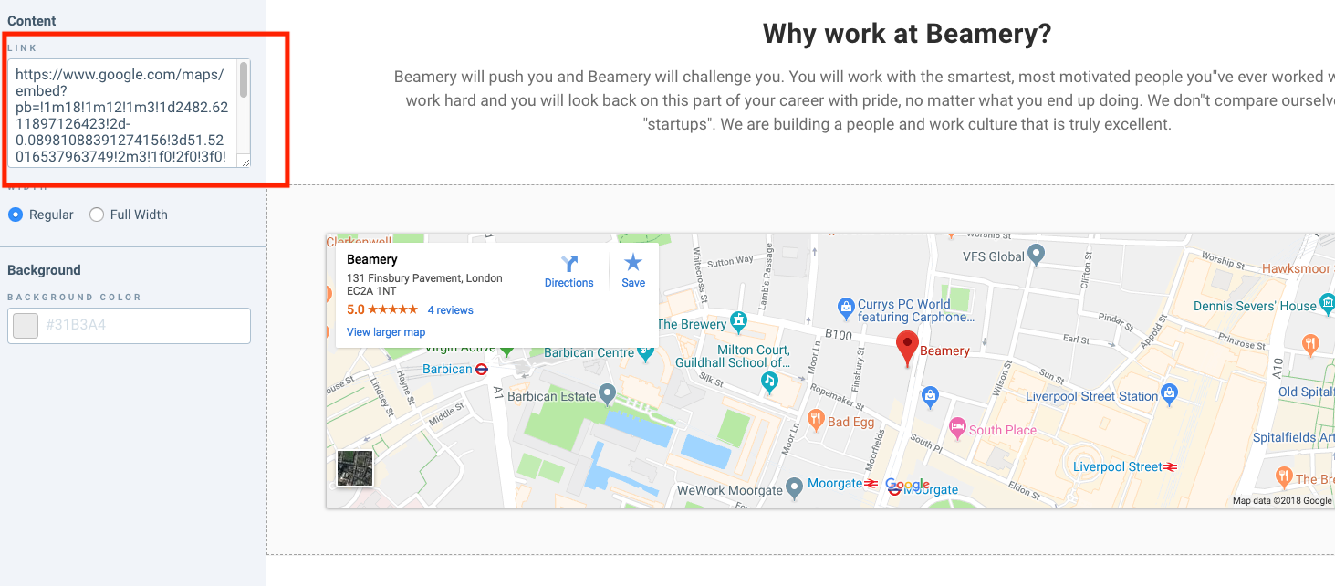 Champ du Map Block avec le lien Google Maps modifié collé