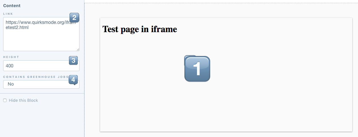 iFrame Block avec ses options numérotées et un aperçu de page intégrée