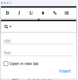 Fenêtre d’insertion de lien avec les champs URL et Text et la case Open in new tab