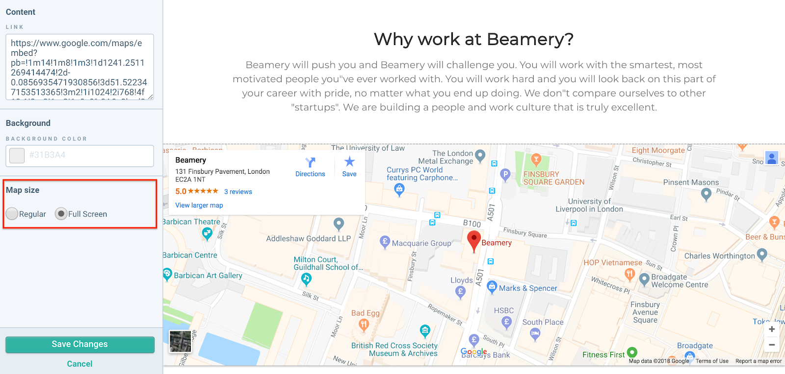 Map Block avec l’option d’affichage de la carte encadrée