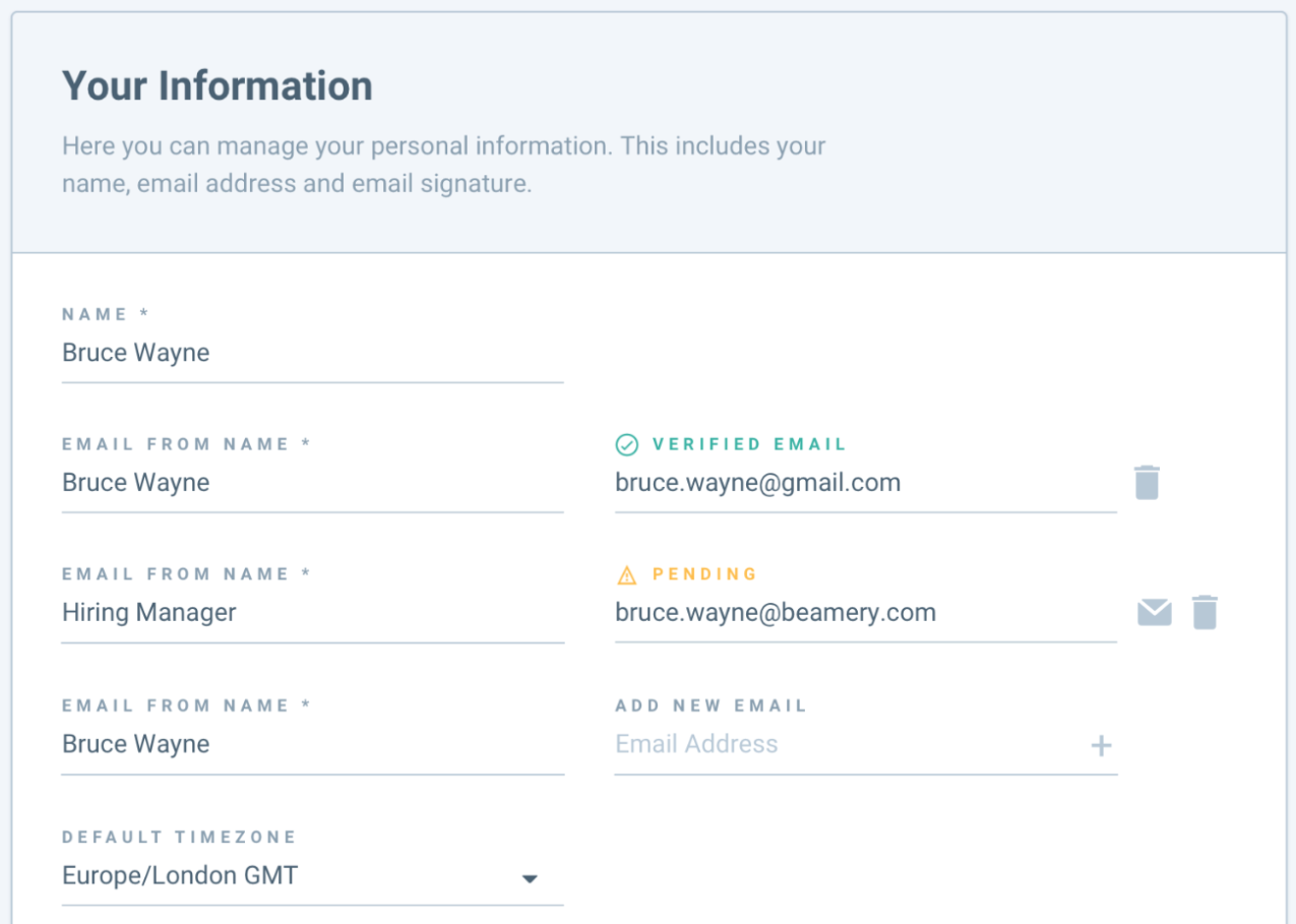 Section Your Information de la page Account Information avec des adresses e-mail vérifiées et en attente et leur Email From Name