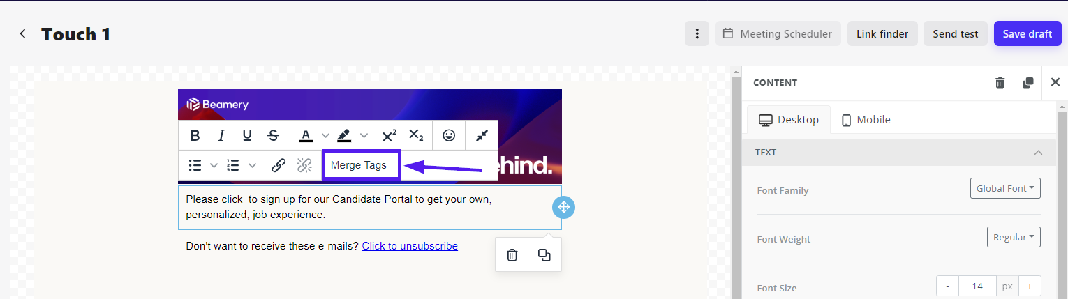 Éditeur de message de campagne avec l’option Merge Tags mise en évidence dans la barre d’outils de la zone de texte