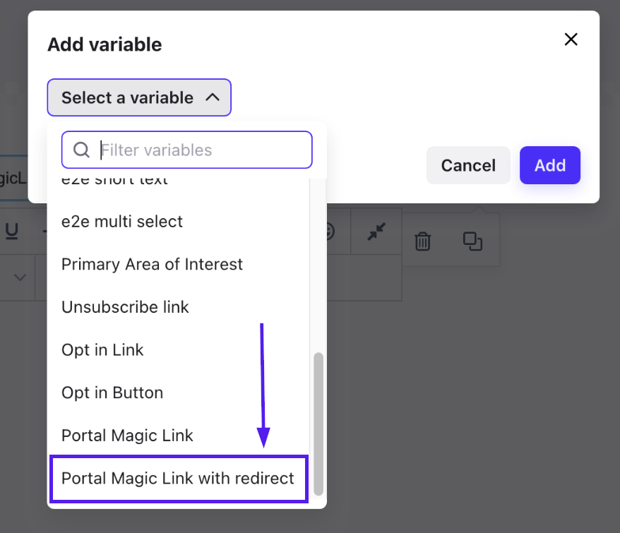 Fenêtre Add variable avec l’option Portal Magic Link with redirect mise en évidence
