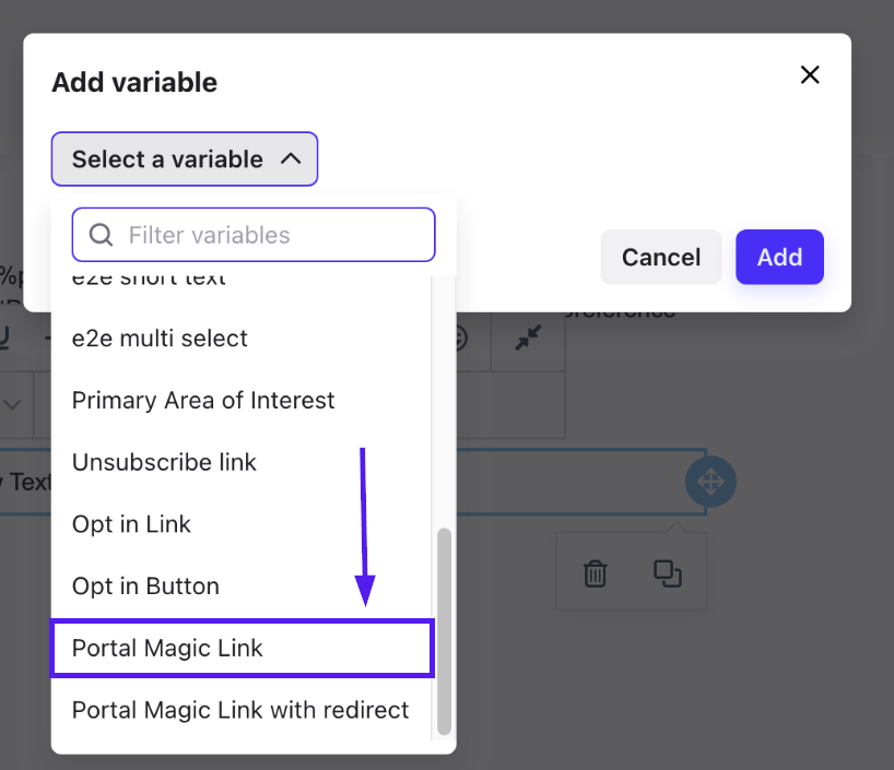 Fenêtre Add variable avec l’option Portal Magic Link mise en évidence dans la liste des variables