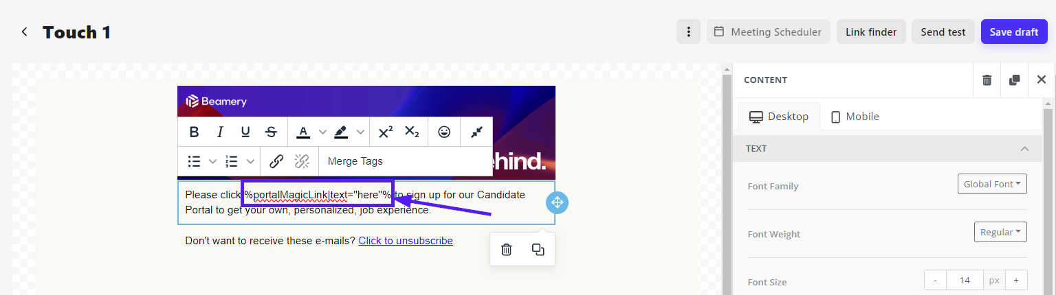 Zone de texte du message de campagne contenant le Merge Tag Portal Magic Link inséré