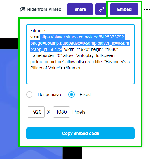 Fenêtre Embed de Vimeo avec l’URL du lecteur mise en évidence dans le code d’intégration iframe