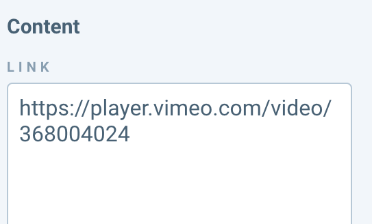 Panneau Content d’un bloc iFrame dans le Page Builder avec l’URL Vimeo collée dans le champ Link