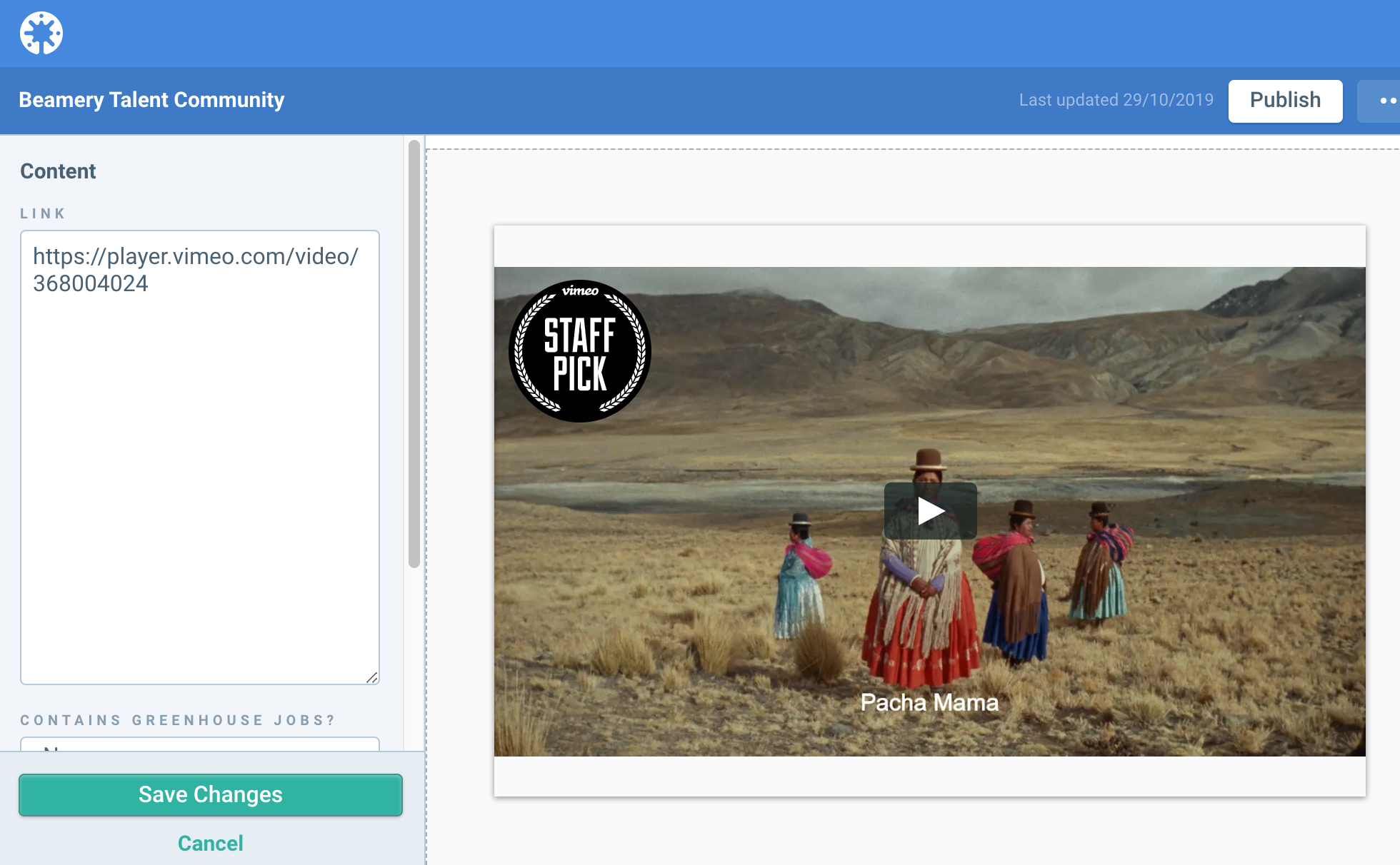 Page Builder avec le bloc iFrame affichant l’aperçu de la vidéo Vimeo à droite