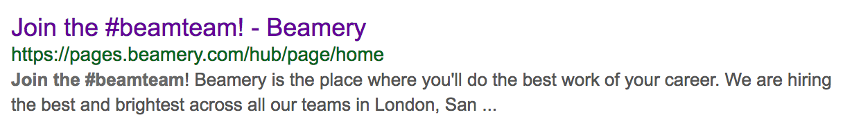 Exemple de résultat de recherche Google affichant le titre et la méta-description d’une page Beamery