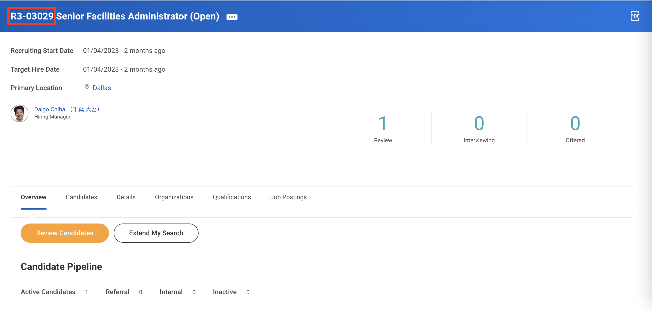 Demande de recrutement dans Workday avec l’identifiant au début du nom encadré