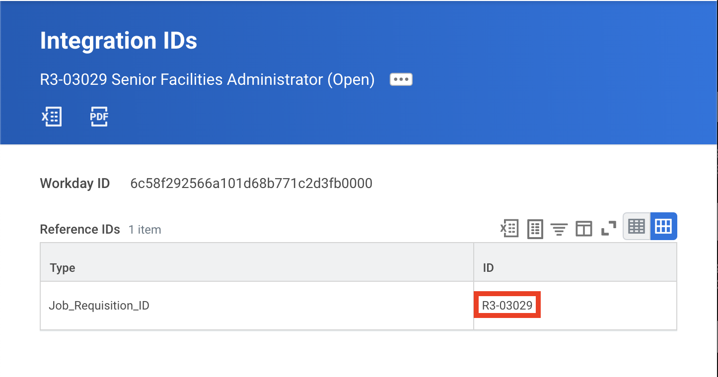 Page Integration IDs de Workday pour une demande de recrutement avec l’identifiant Job_Requisition_ID encadré