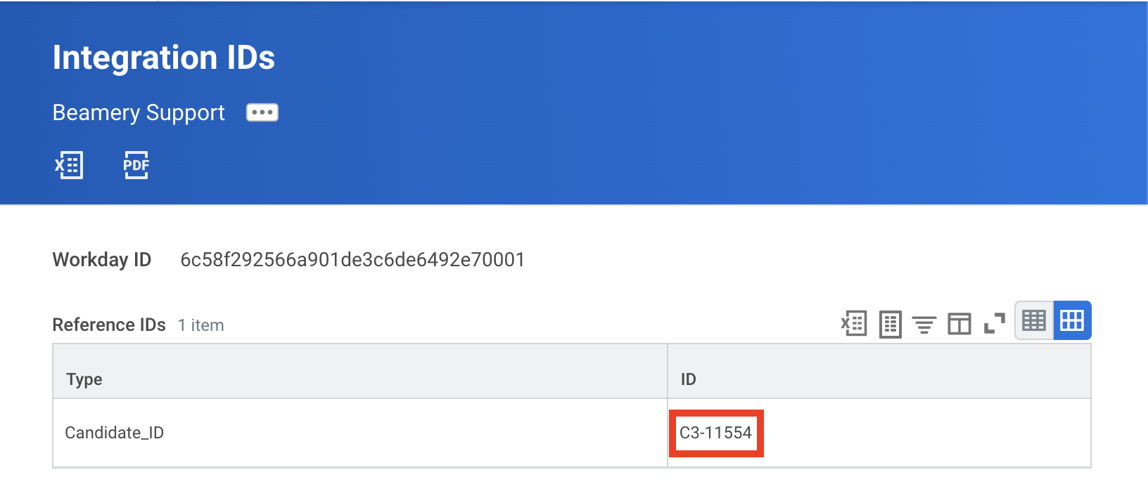Page Integration IDs de Workday pour un candidat avec l’identifiant Candidate_ID encadré