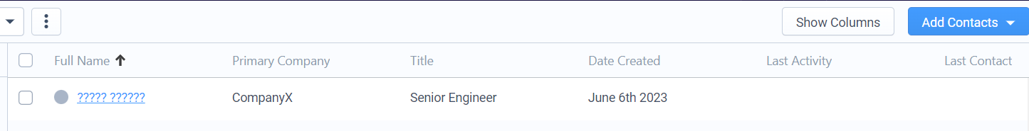 Liste de contacts dans Beamery avec un nom affiché sous forme de points d’interrogation