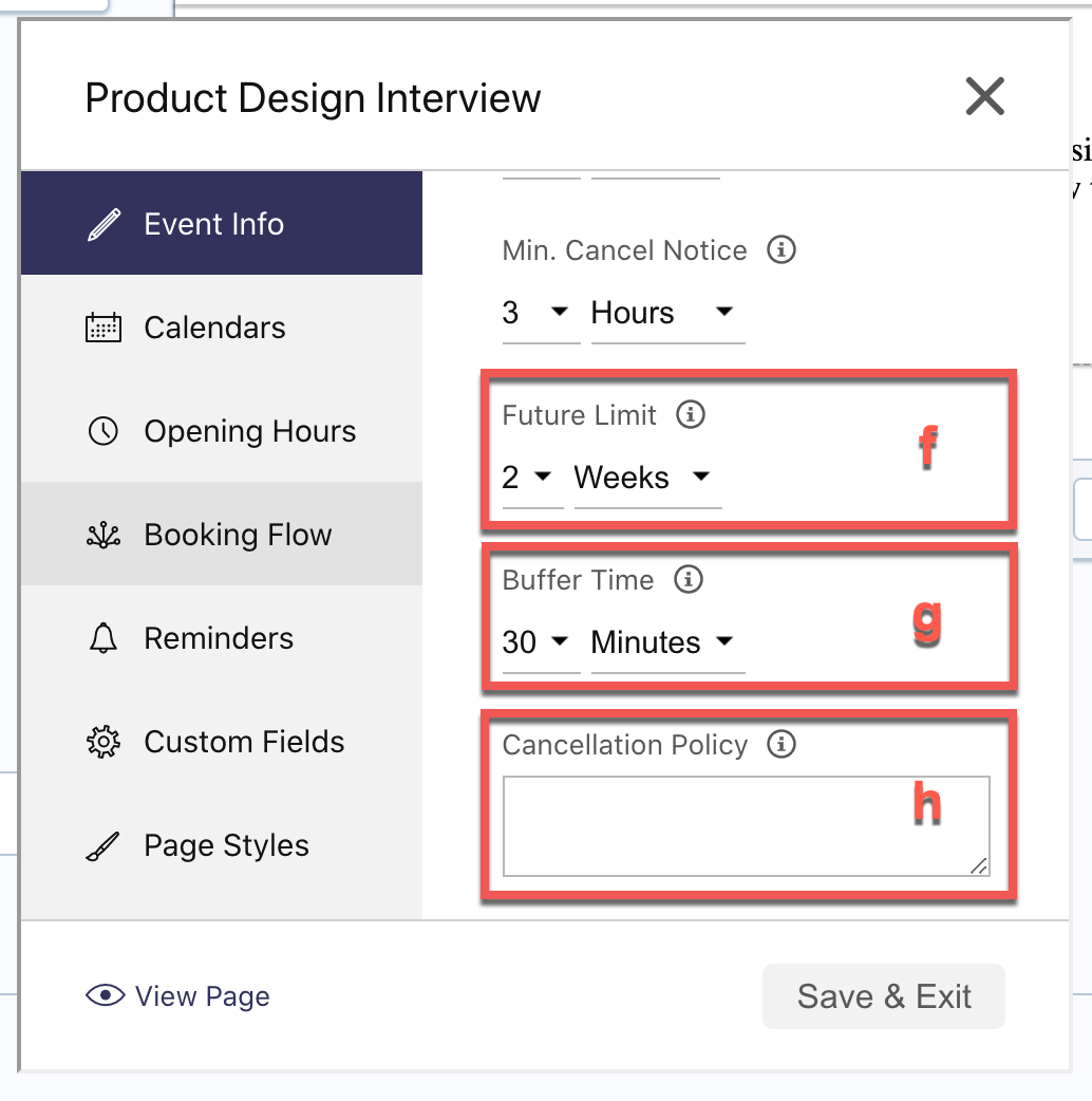 Suite de la section « Event Info » de l'Availability Page