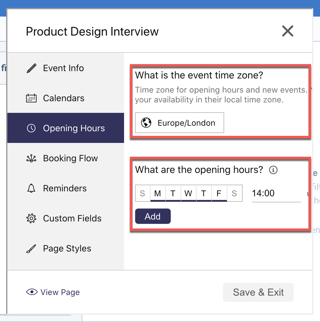 Section « Opening Hours » de l'Availability Page