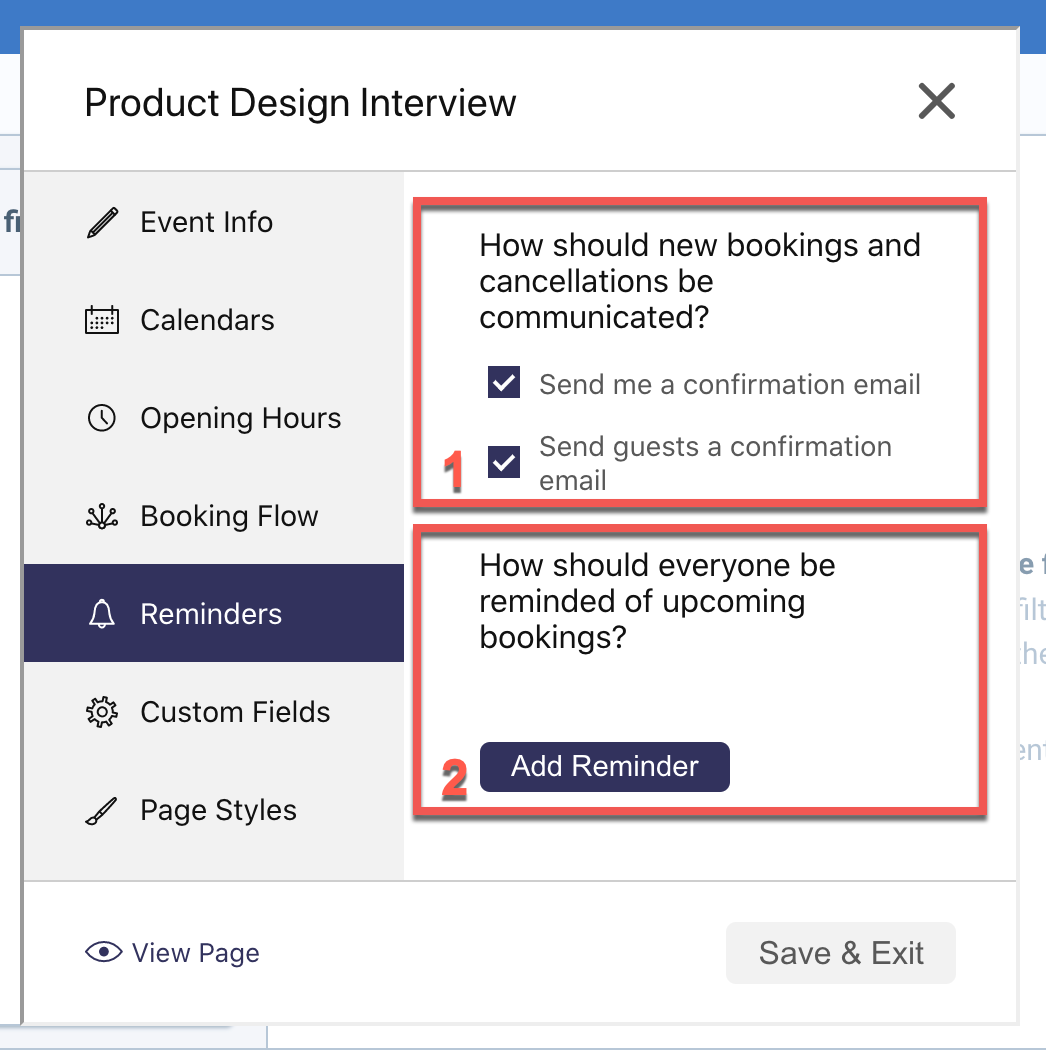 Section « Reminders » de l'Availability Page