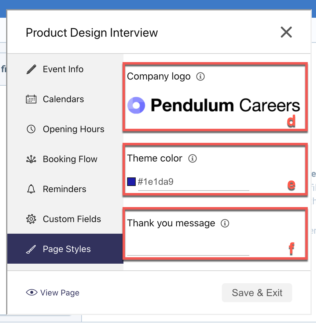 Suite de la section « Page Styles » : logo, couleur du thème et message de remerciement