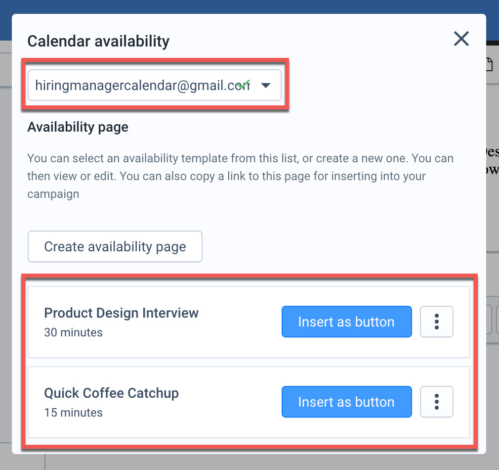 Fenêtre « Calendar availability » avec le calendrier sélectionné et la liste des Availability Pages