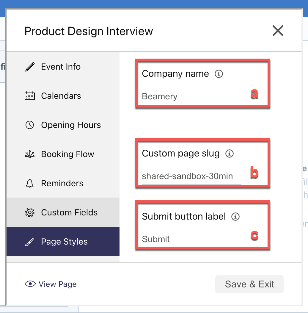 Section « Page Styles » : nom de l'entreprise, slug de la page et texte du bouton d'envoi