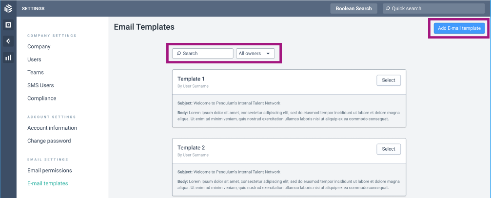 Page Email Templates des paramètres avec la recherche, le filtre par propriétaire et le bouton Add Email Template encadrés