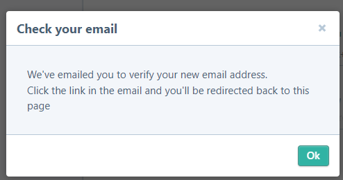Fenêtre « Check your email » confirmant l'envoi de l'e-mail de vérification
