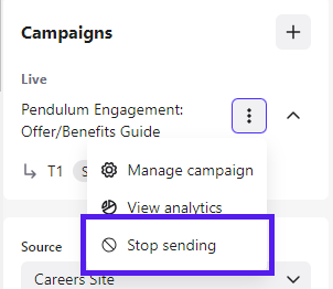 Option Stop sending mise en évidence dans le menu ⋮ d’une campagne active
